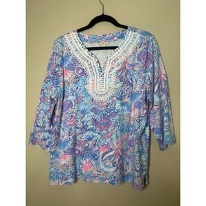 Talbots Top Womens XL Petite Colorful Paisley Cotton Stretch 3/4 Sleeve Beach